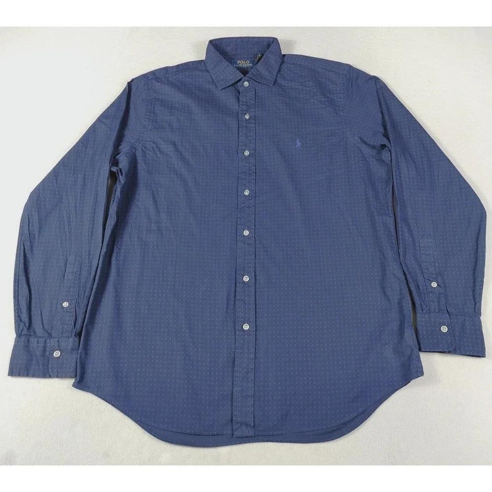 Polo Ralph Lauren Shirt Mens Large Blue Micro Print Button Down Business Casual